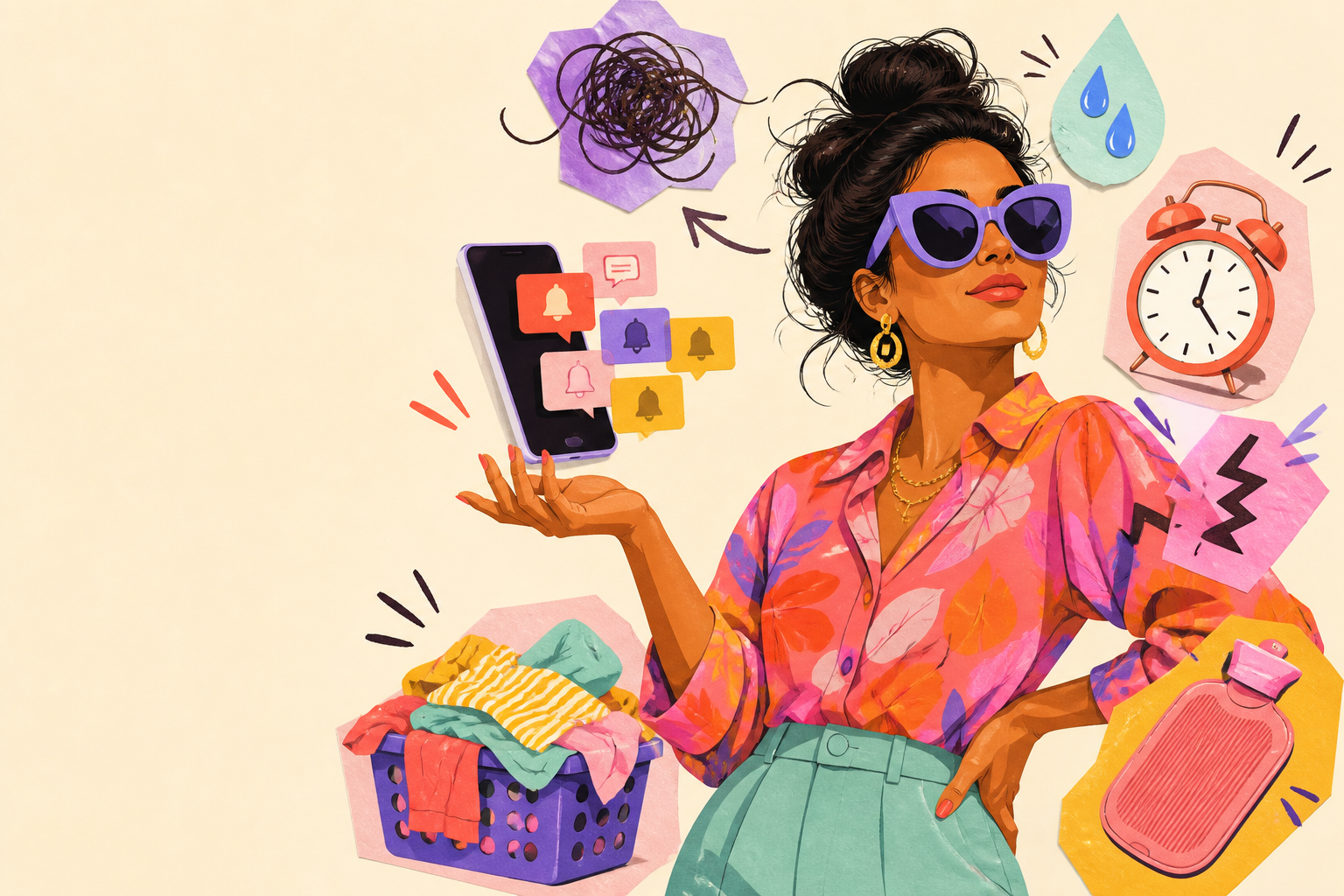 Editorial illustration of a confident woman handling everyday chaos, including notifications, laundry, sweat, tangled hair, an alarm clock, and a heat pad